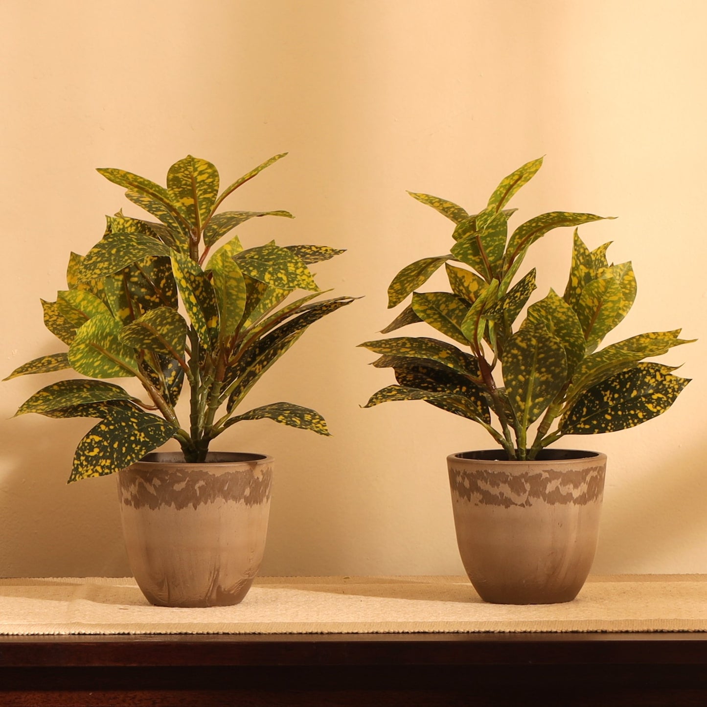 Artificial Potted Croton Plants (Green, 1 Feet, Set of 2)