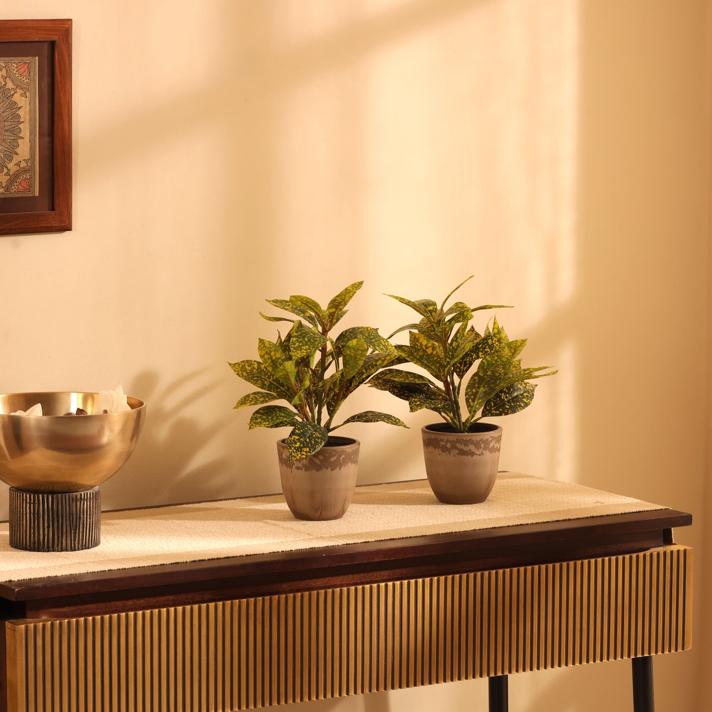 Artificial Potted Croton Plants (Green, 1 Feet, Set of 2)