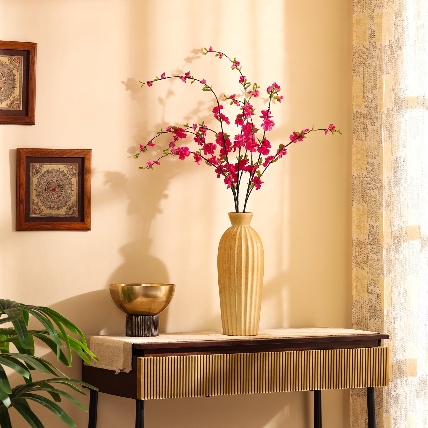 Artificial Cherry Blossom Flower Stick (3 Feet, Dark Pink)
