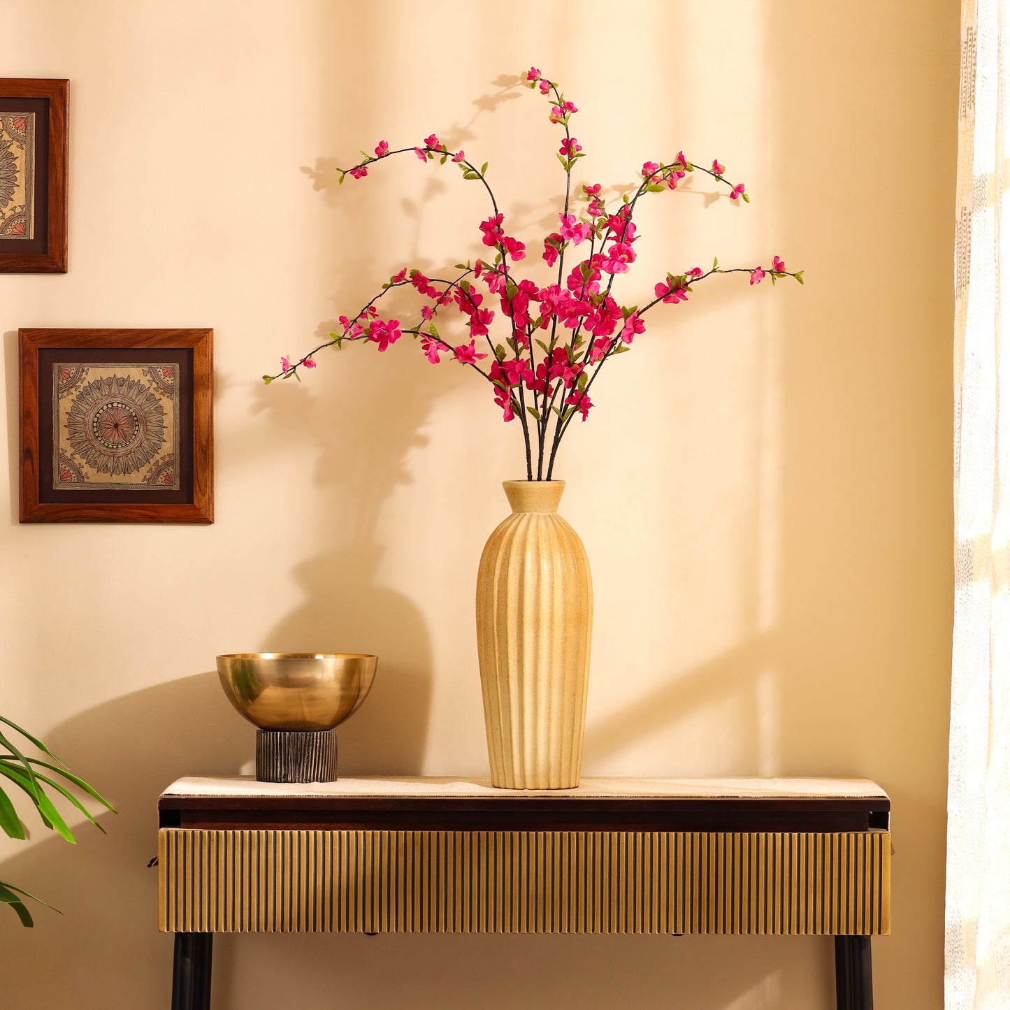 Artificial Cherry Blossom Flower Stick (3 Feet, Dark Pink)