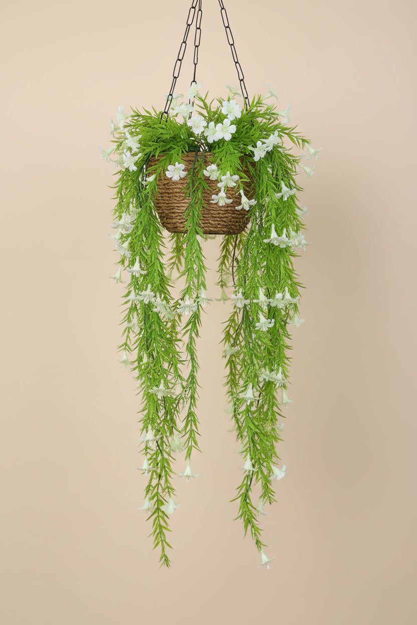 2.2 Feet Artificial White Lily Flowers Hanging Plants without Pot- Pack of 2- Premium Artificial Plant for Home and Office Decor for indoor and outdoor use 