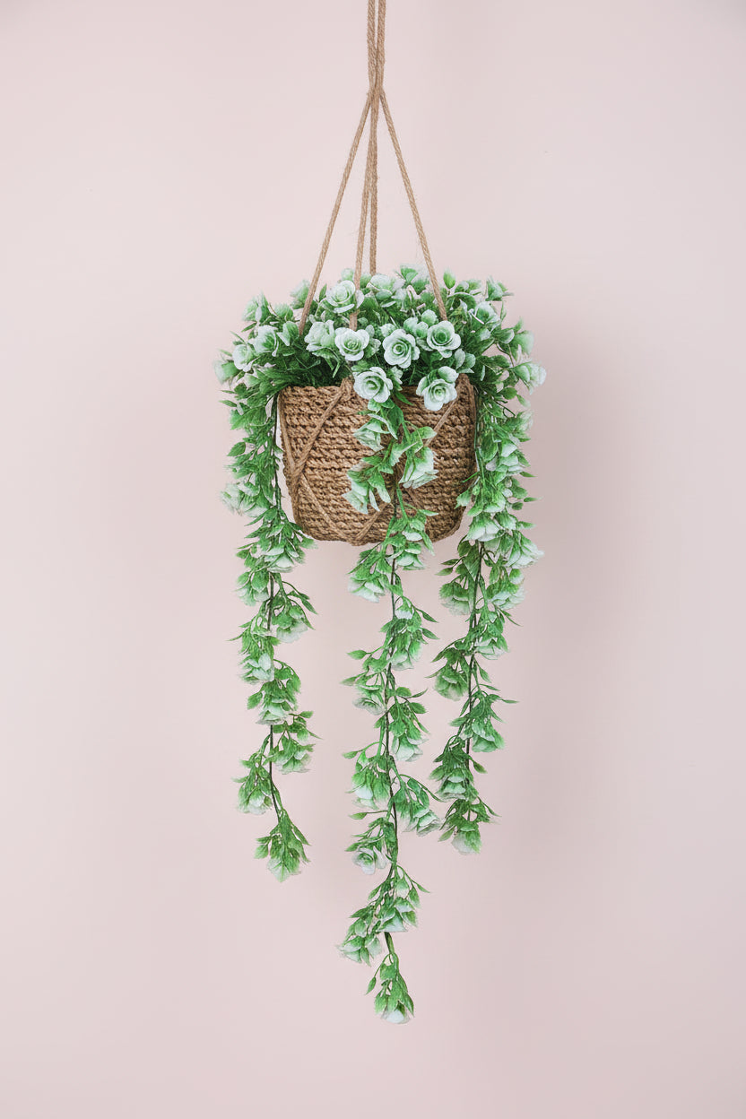 2 Feet Artificial White Rose Flower Hanging Plants without Pot - Pack of 2- Premium Artificial Hanging Plants for Home and Office Decor for indoor and outdoor use 