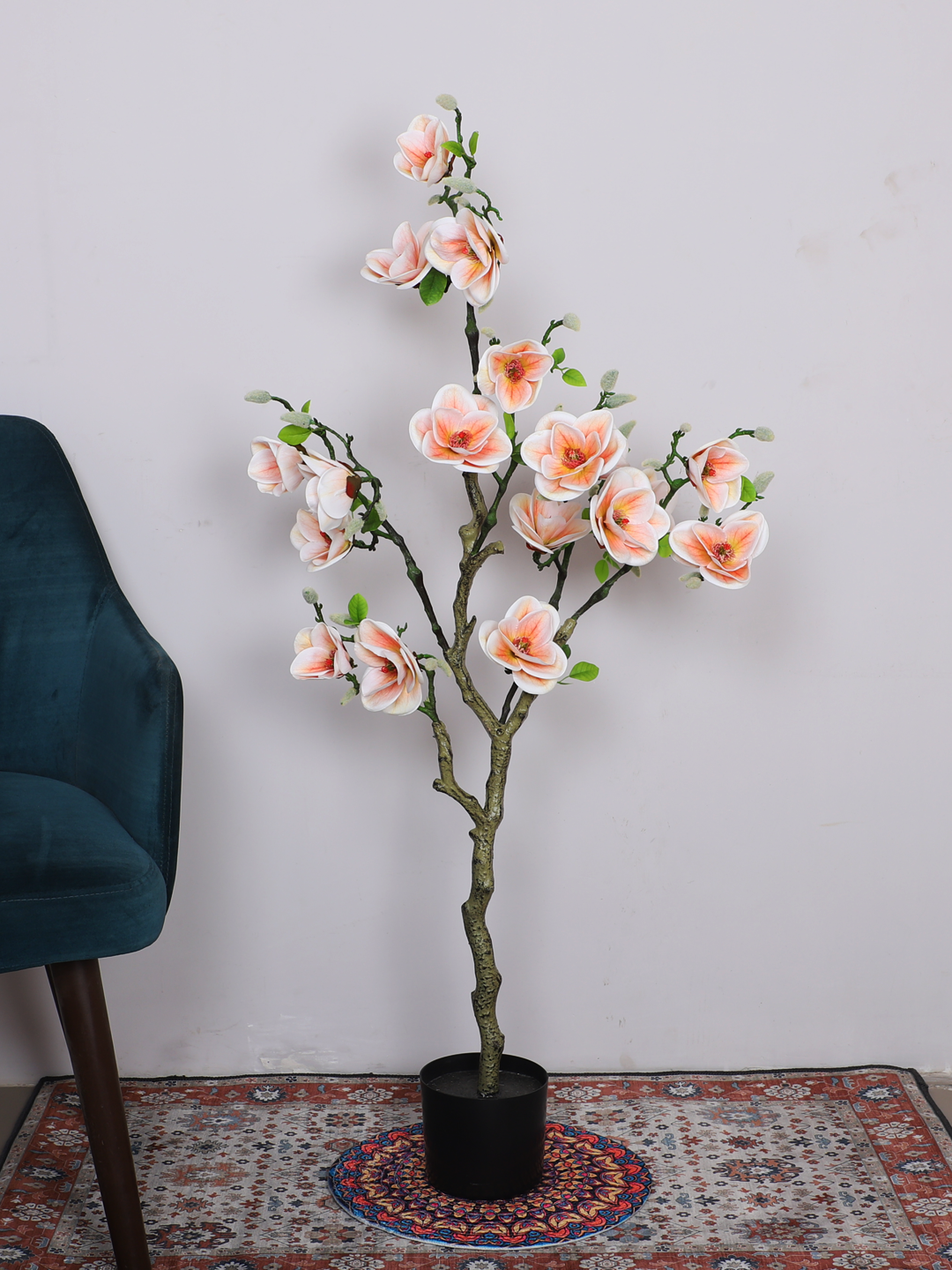 4 Feet Artificial Peach Magnolia Flower Plant with Pot- Artificial Plant for Home Decor for indoor and outdoor use 