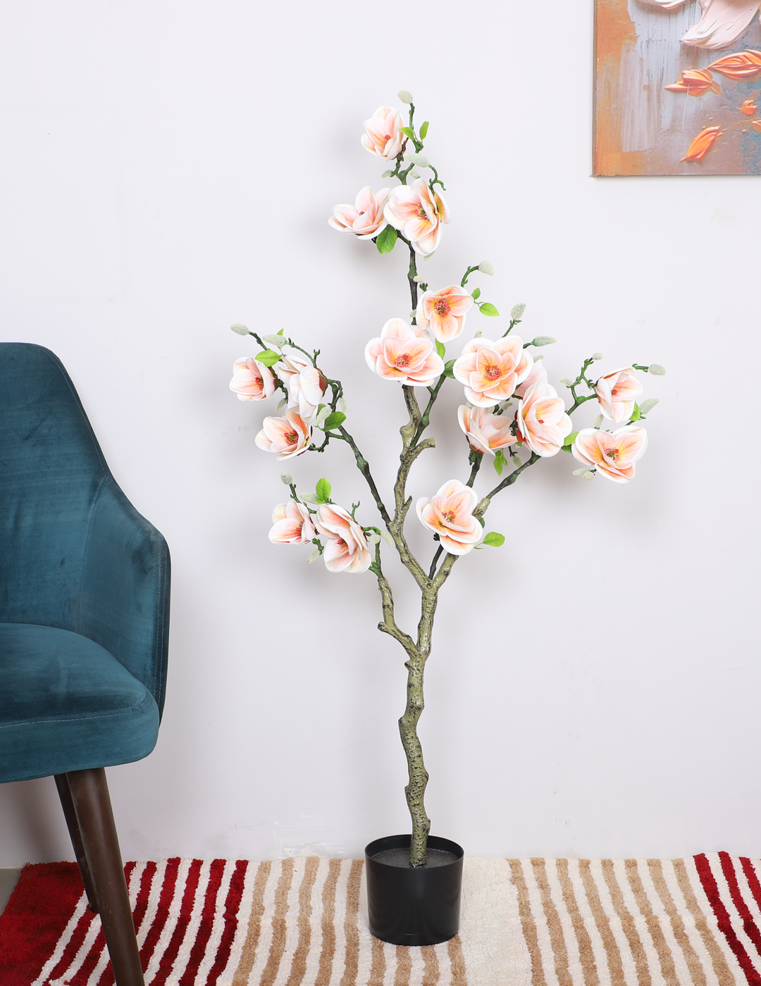 4 Feet Artificial Peach Magnolia Flower Plant with Pot- Artificial Plant for Home Decor for indoor and outdoor use 