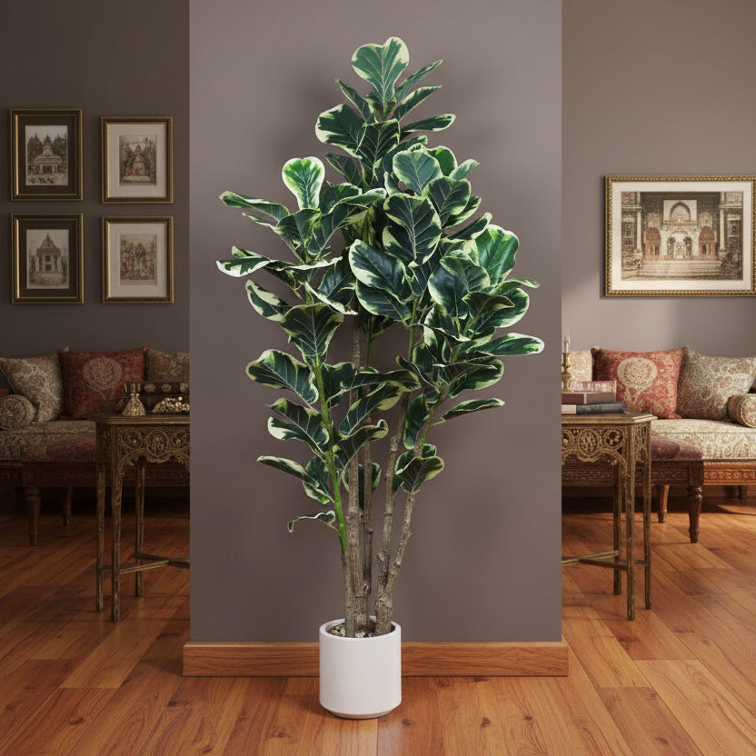 5 Feet Premium Artificial White Fiddle Leaf Fig Potted Plant- Luxe Artificial Plant for Home and Office Decor for indoor and outdoor use 