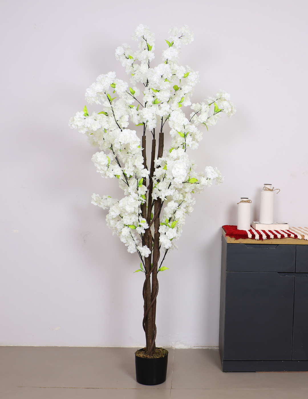 6 Feet Artificial Japanese White Cherry Blossom Flower Plant with Pot- Artificial Plant for Home Decor for outdoor and indoor use