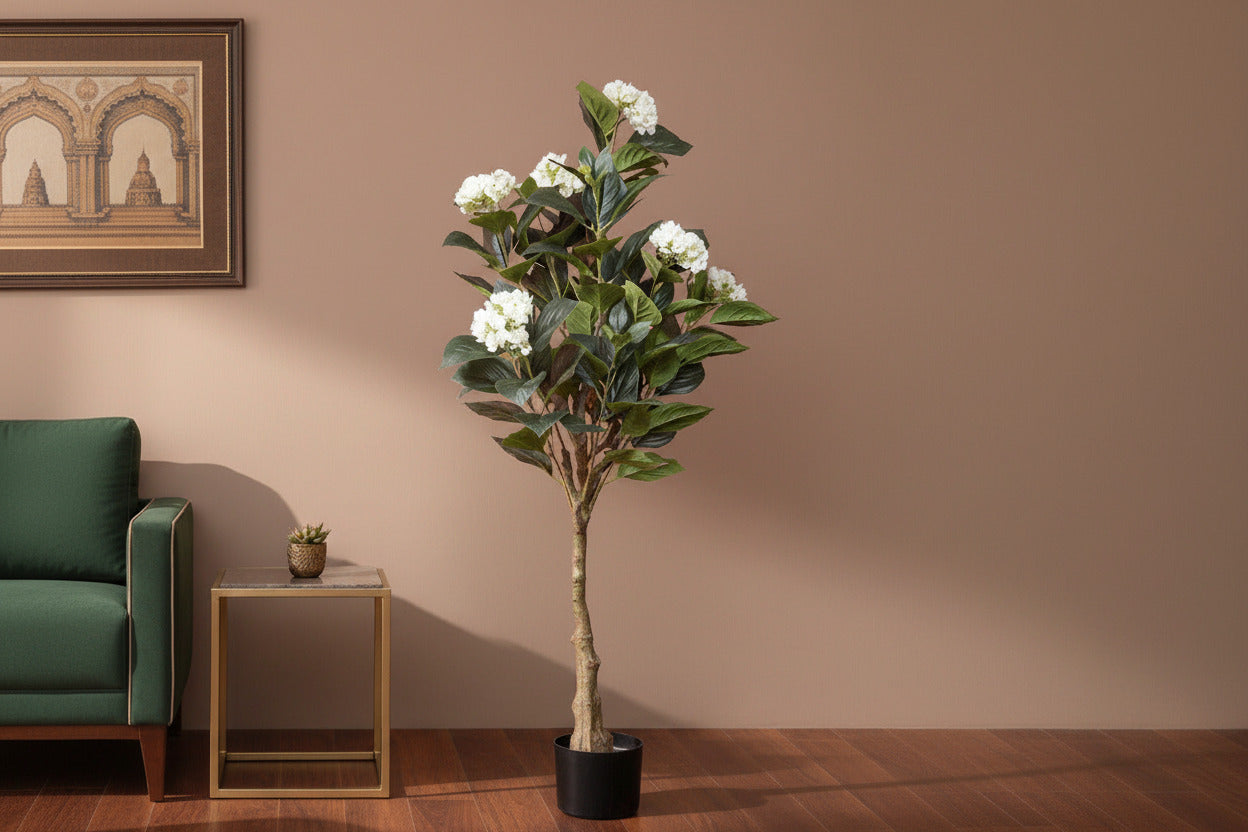Premium 4.4 Feet AArtificial Hydrangea White Flower Plant with pot- Luxe Faux Plant for Home and Interior Decor for indoor and outdoor decor