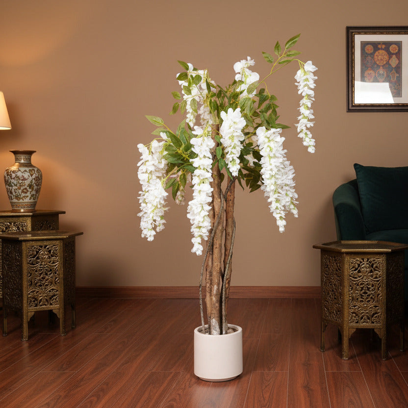 Premium 4 Feet Artificial White Wisteria Flower Plant with Pot - Luxe Faux Plant for Home and Interior Decor for indoor and outdoor use