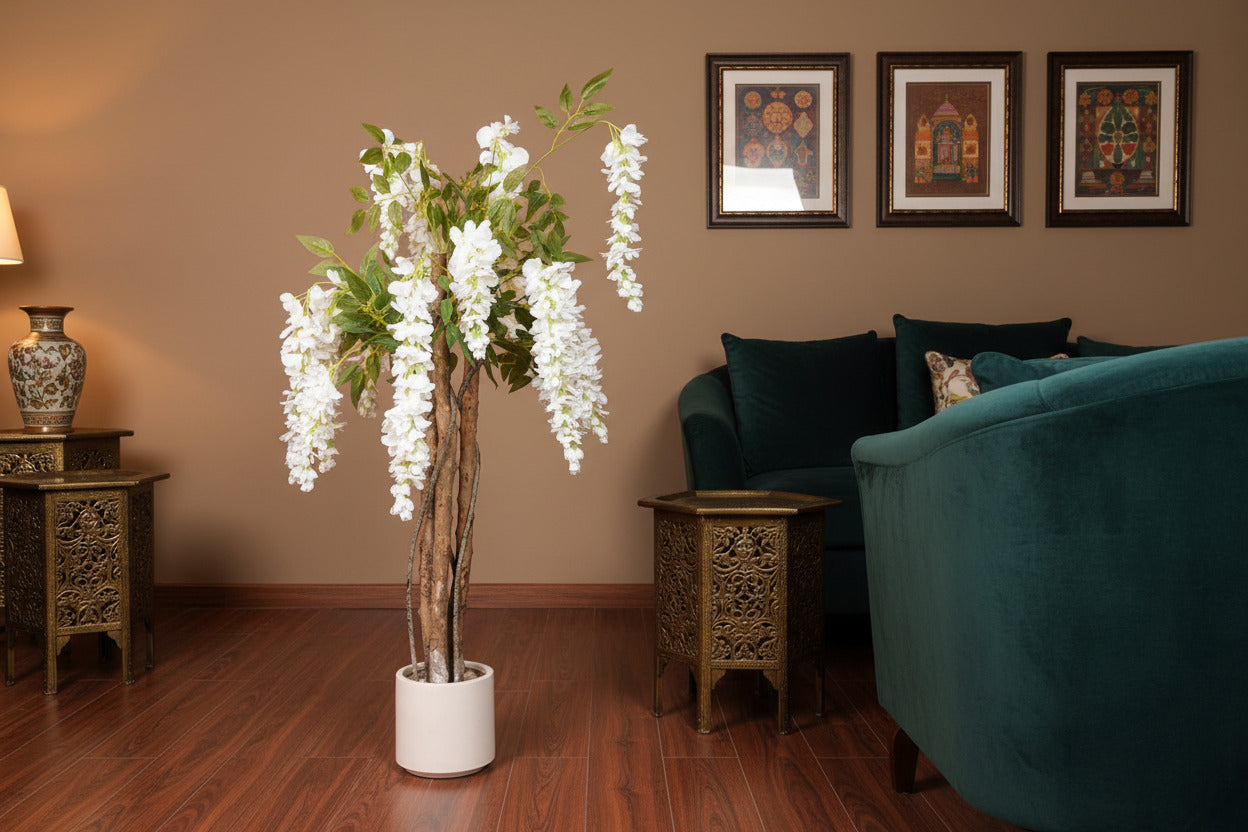 Premium 4 Feet Artificial White Wisteria Flower Plant with Pot - Luxe Faux Plant for Home and Interior Decor for indoor and outdoor use