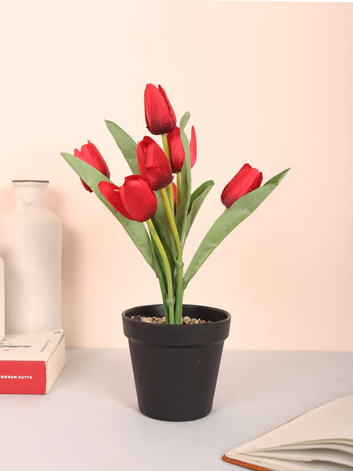 Premium artificial tulip flower potted bonsai plant with pot 32 cm red color for home and office decor for indoor and outdoor use 