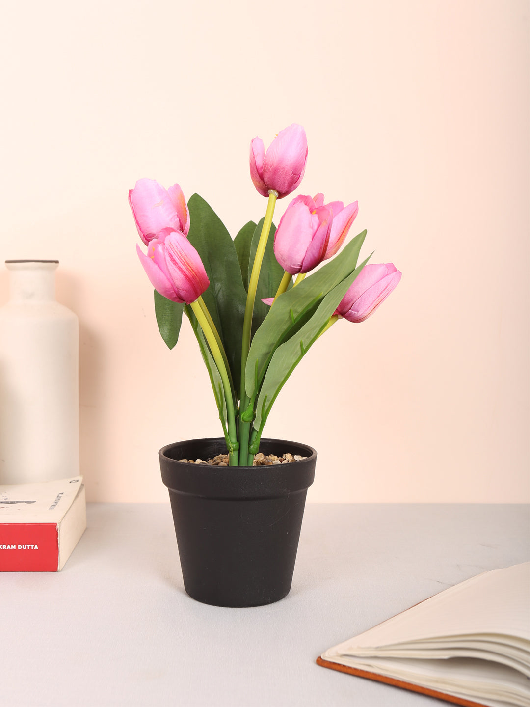 Premium artificial tulip flower potted bonsai plant with pot 32 cm sun red color for home and office decor for indoor and outdoor use 