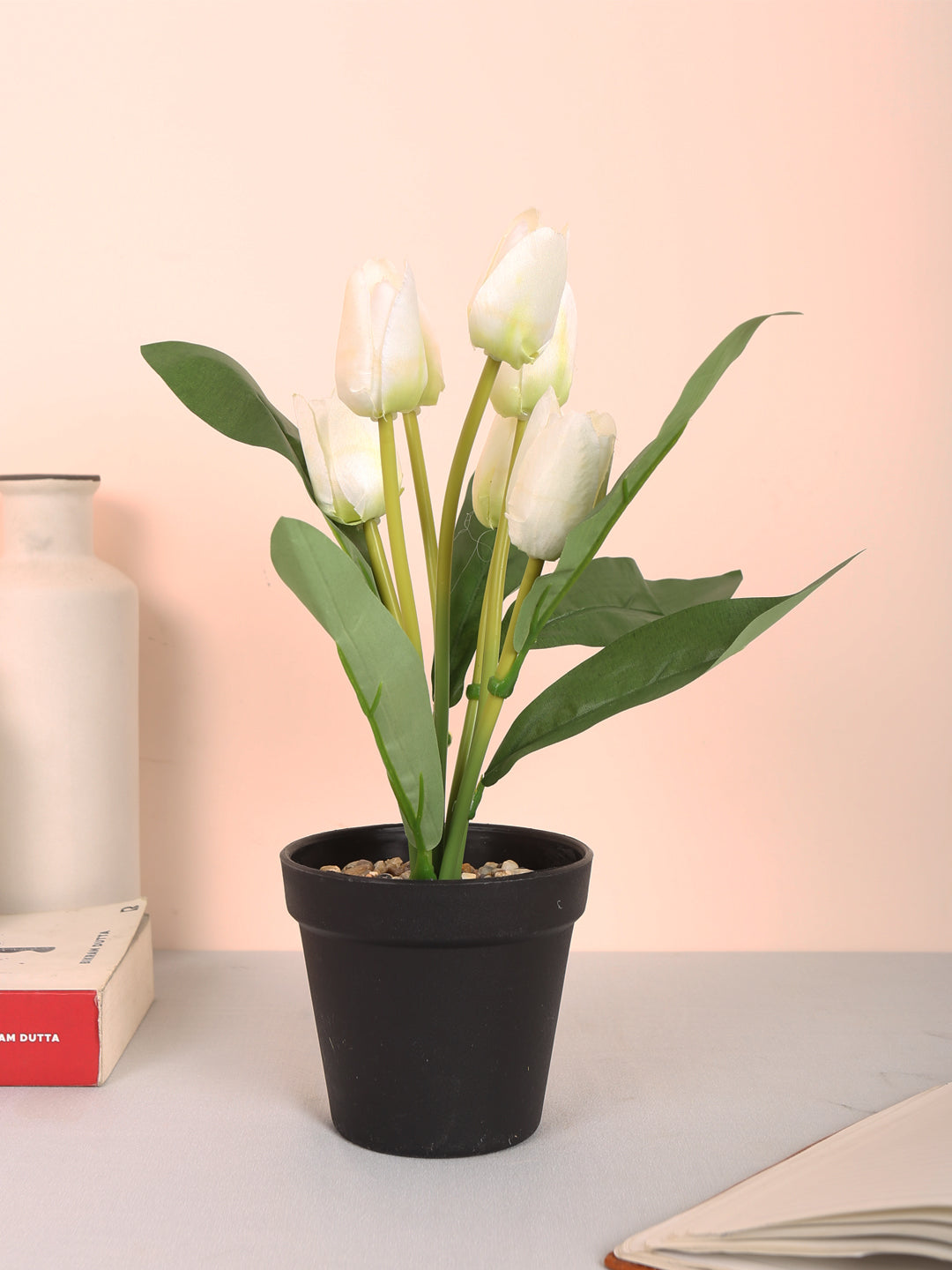 Premium artificial tulip flower potted bonsai plant with pot 32 cm white color for home and office decor for indoor and outdoor use 