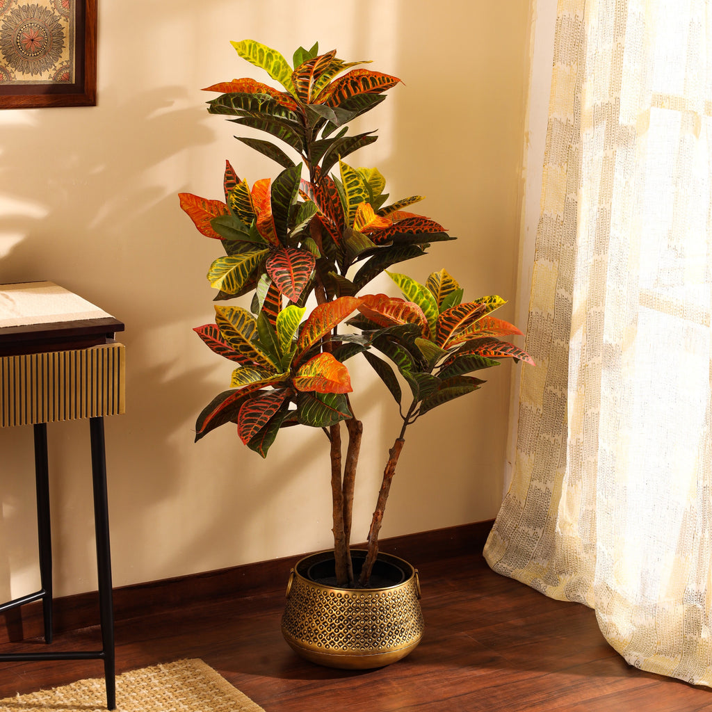 artificial luxe croton plant with black pot 4 feet for home and office decor for indoor and outdoor use