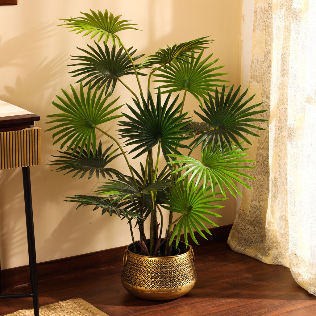 artificial luxe fan palm plant with black pot 4 feet for home and office decor for indoor and outdoor use