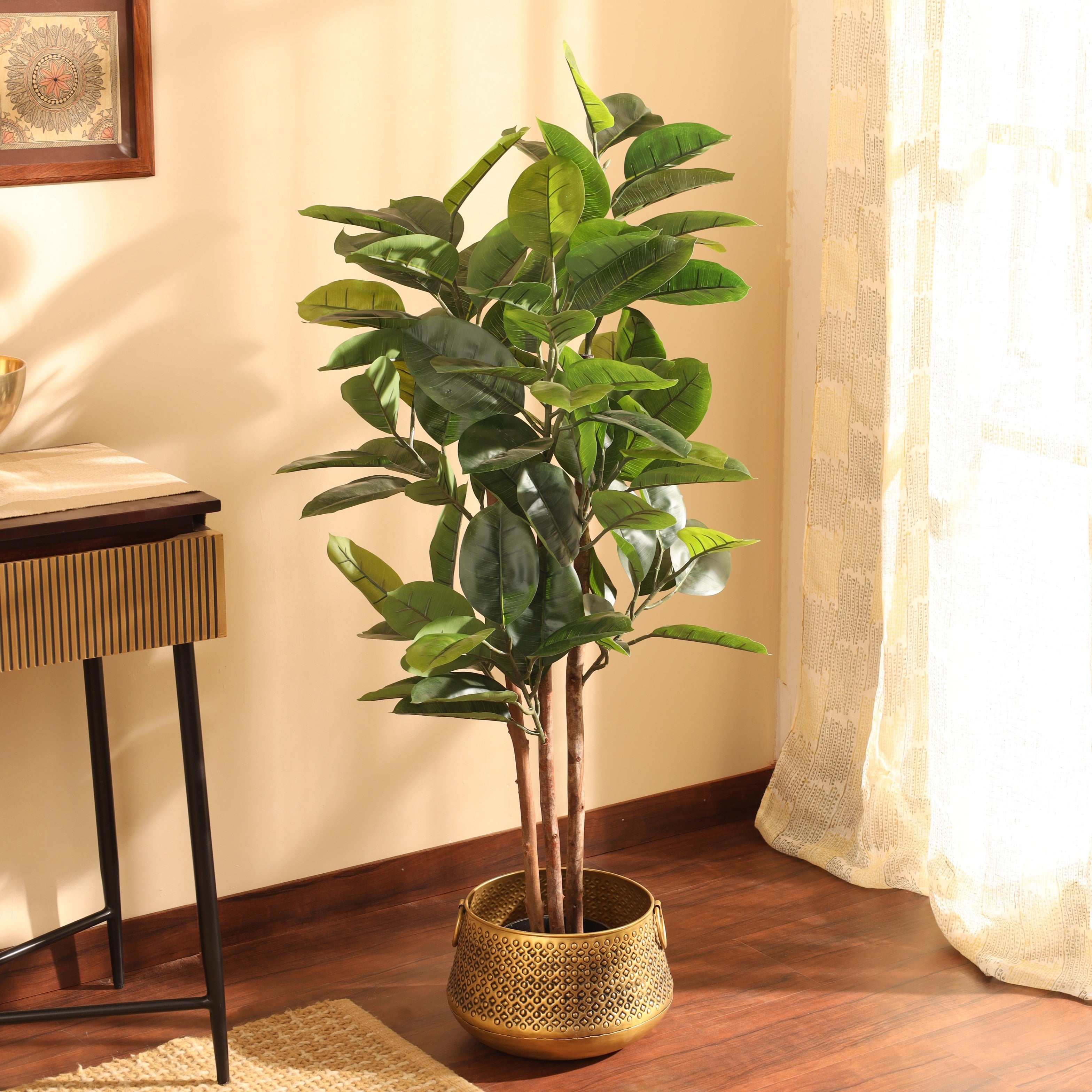 artificial luxe rubber plant with pot 4 feet for home and office decor for indoor and outdoor use