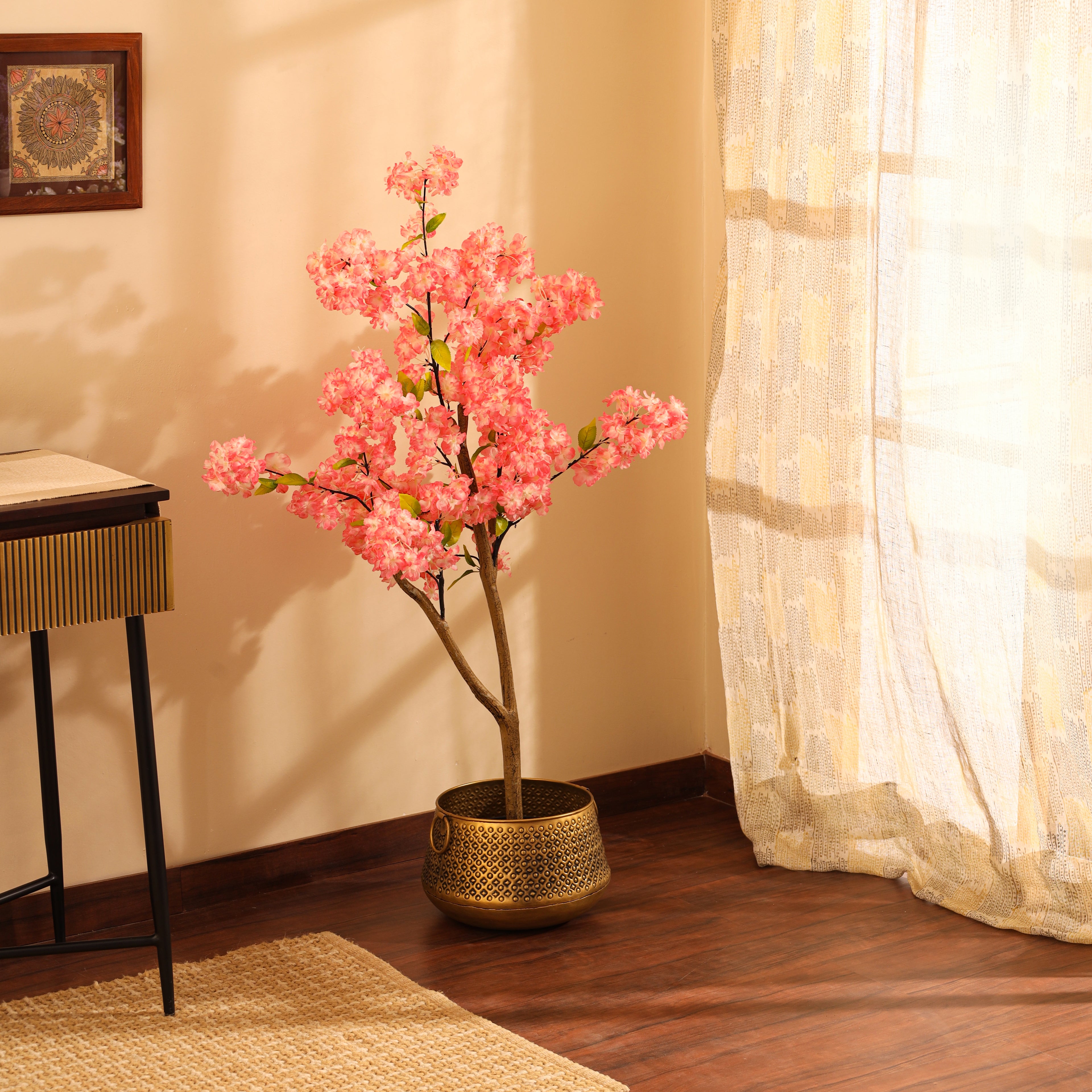 artificial premium japanese dark pink cherry blossom flower plant with pot 4.2 feet for home and office decor for indoor and outdoor use 