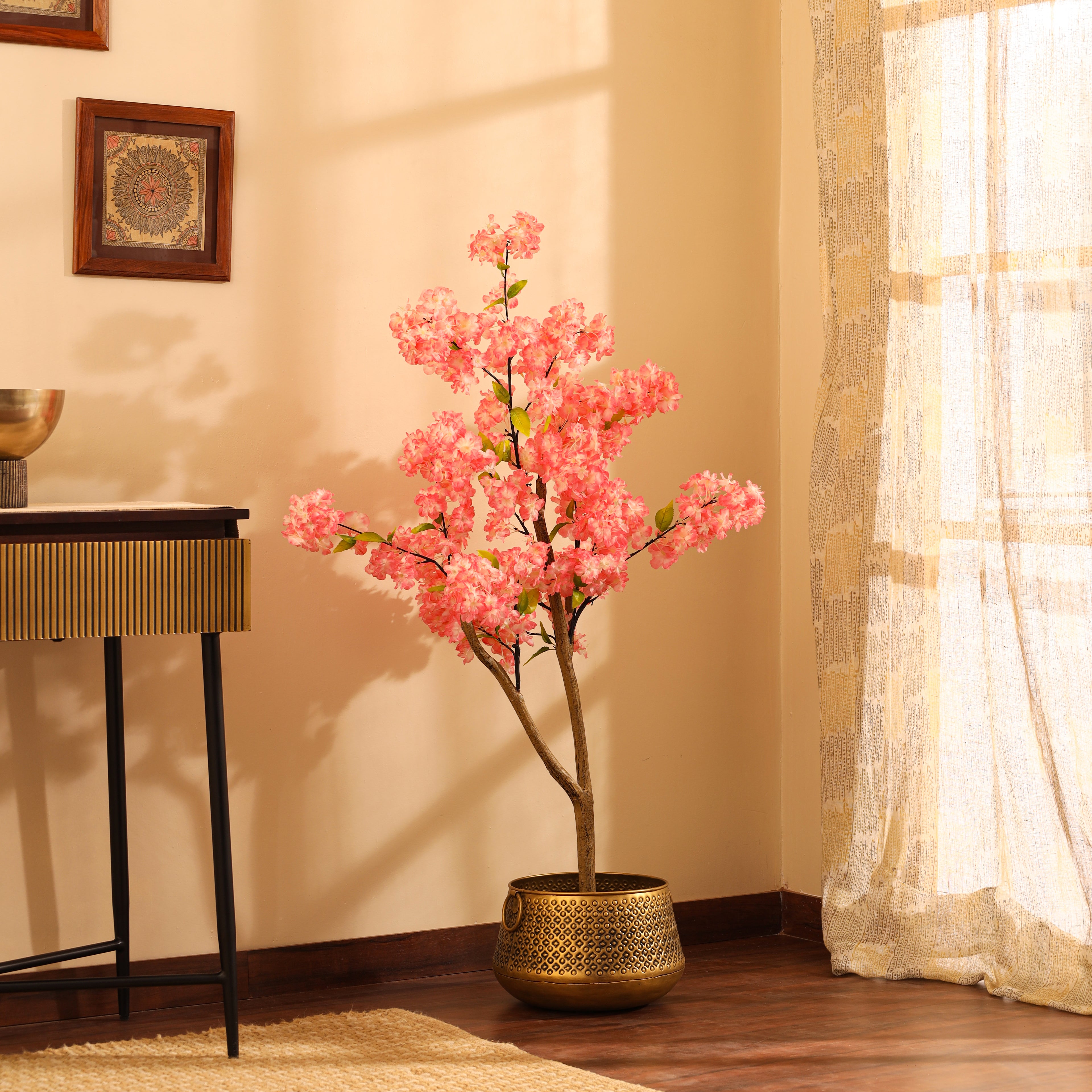 artificial premium japanese dark pink cherry blossom flower plant with pot 4.2 feet for home and office decor for indoor and outdoor use 