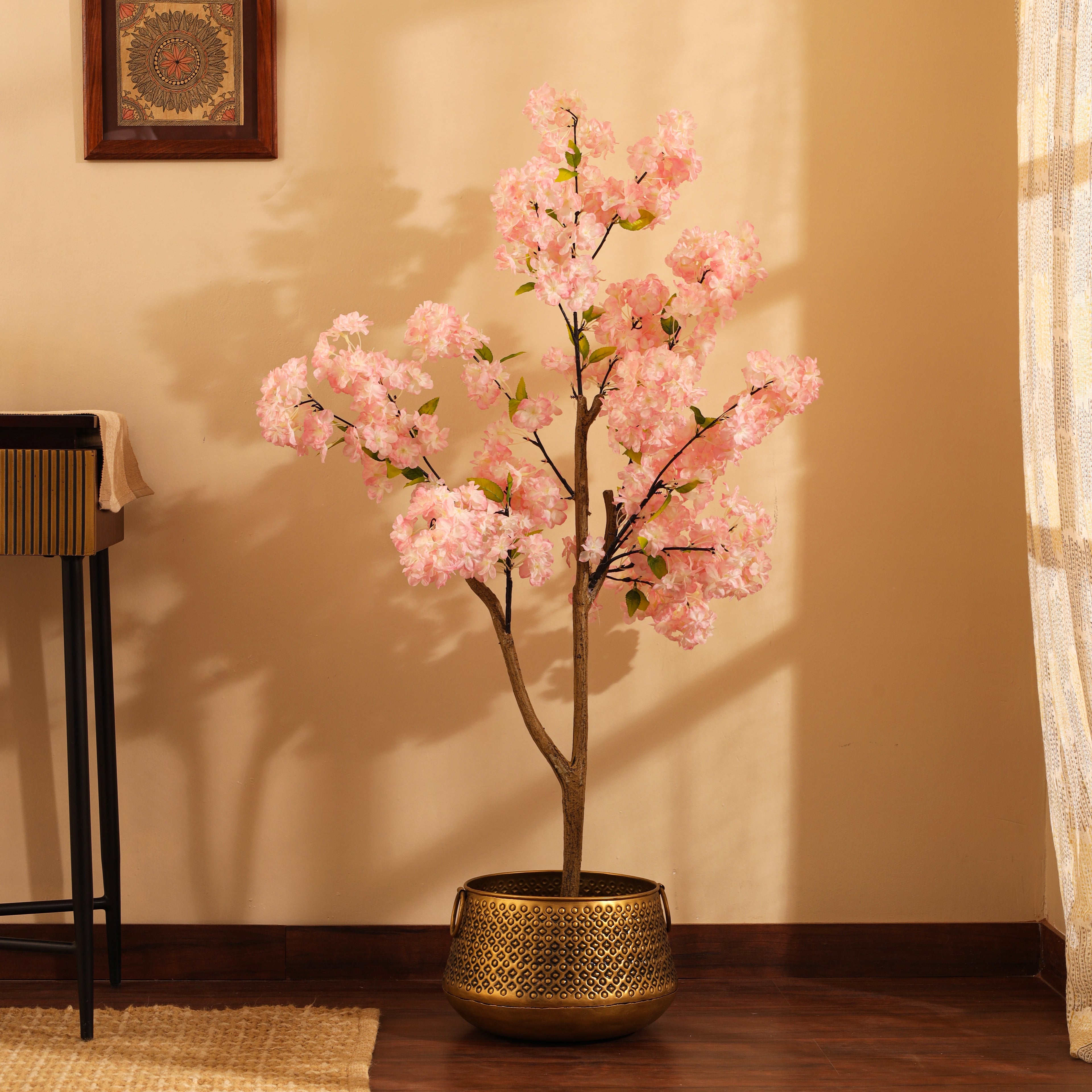 artificial premium japanese light pastel pink cherry blossom flower plant with pot 4.2 feet for home and office decor for indoor and outdoor use 