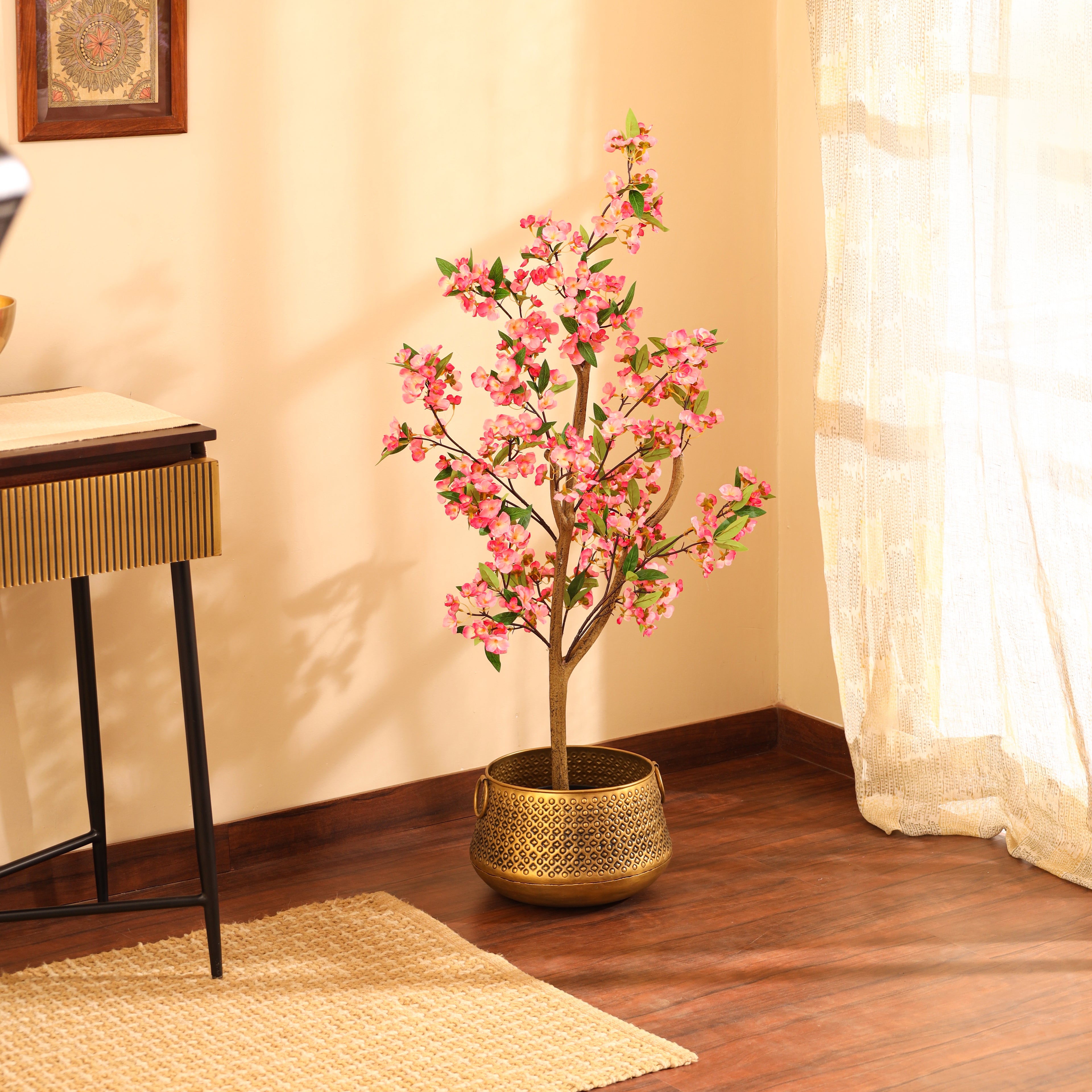 artificial premium japanese pink cherry blossom flower plant with pot 4 feet for home and office decor for indoor and outdoor use 