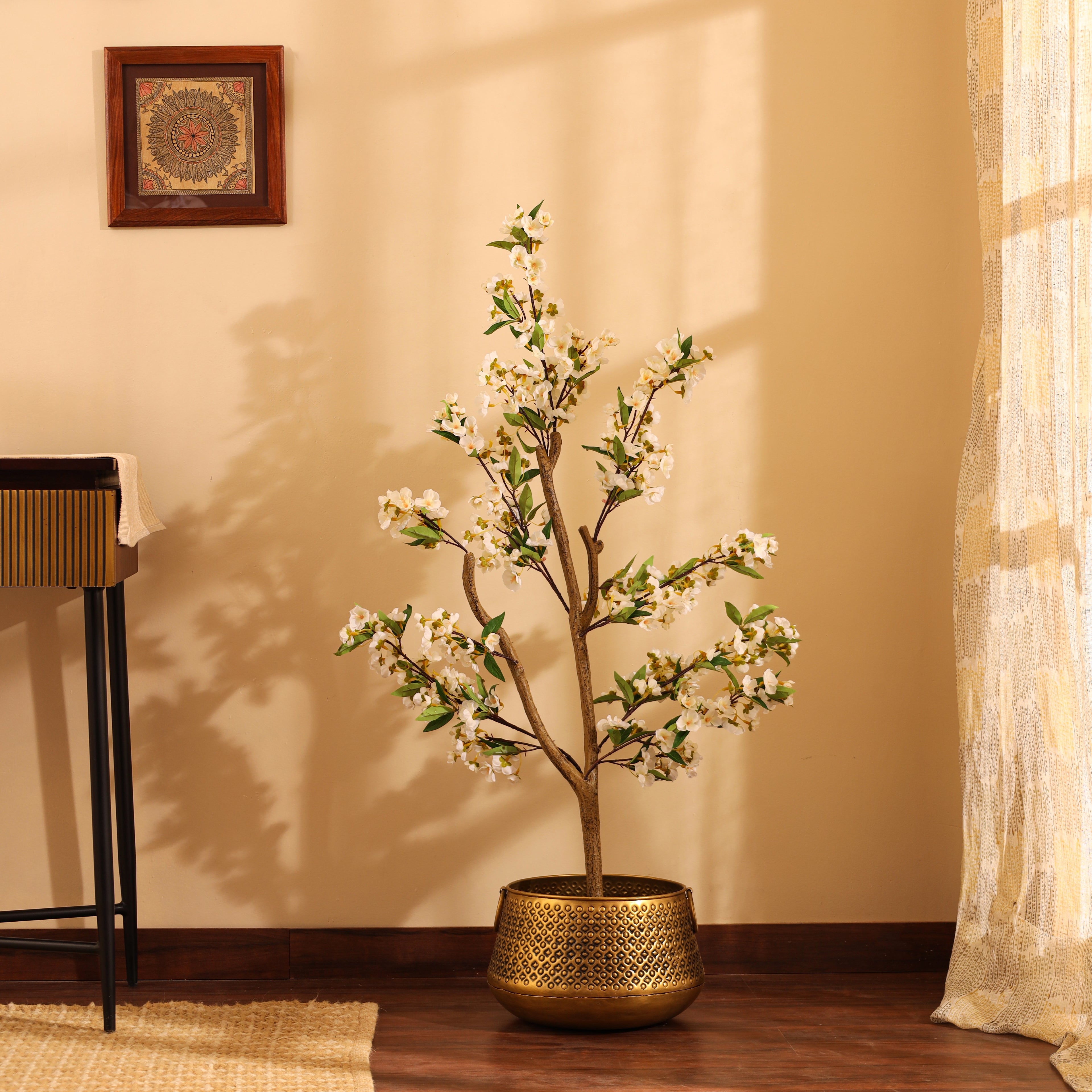 artificial premium looking japanese white cherry blossom flower plant with pot 4 feet for home and office decor for indoor and outdoor use 