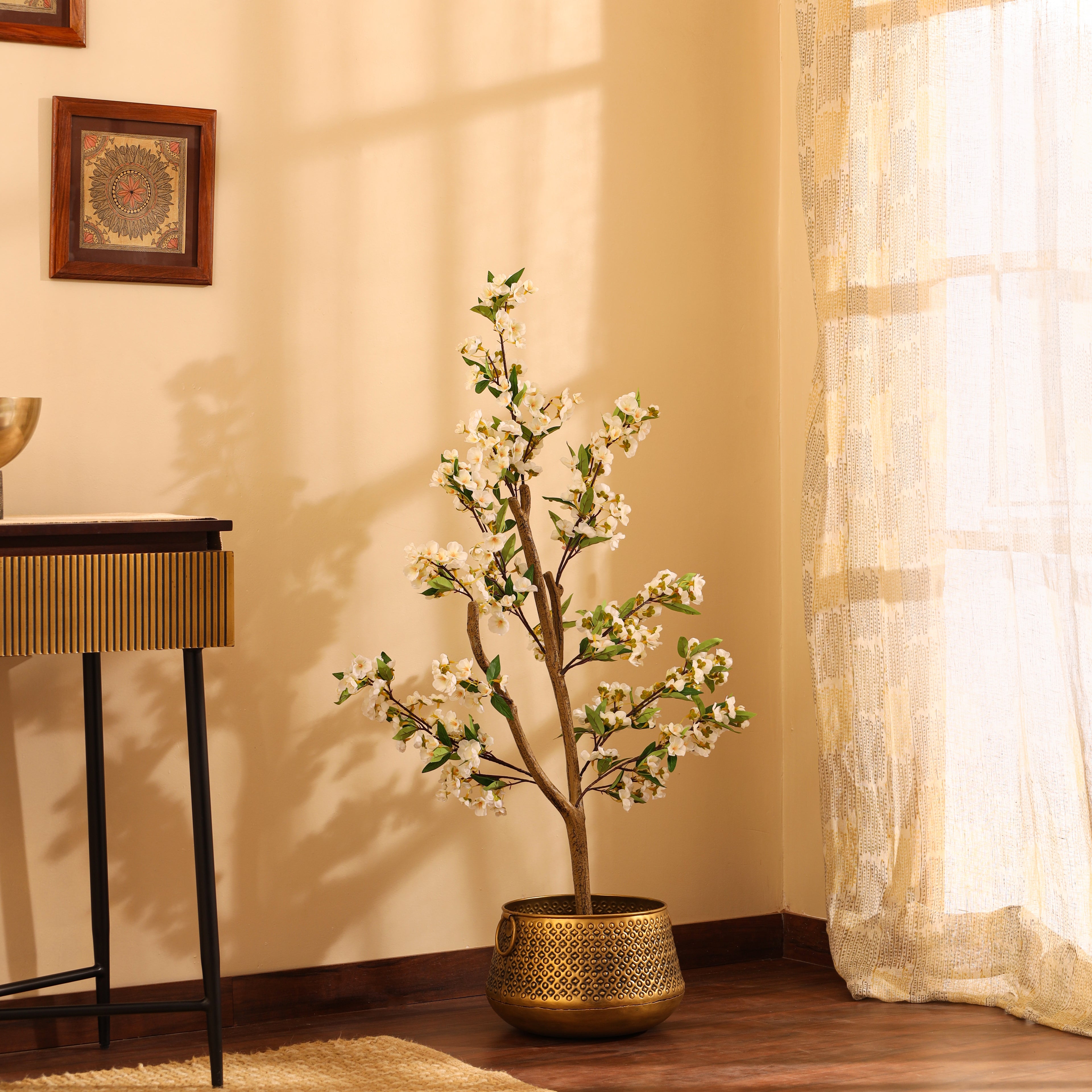 artificial premium japanese white cherry blossom flower plant with pot 4 feet for home and office decor 
