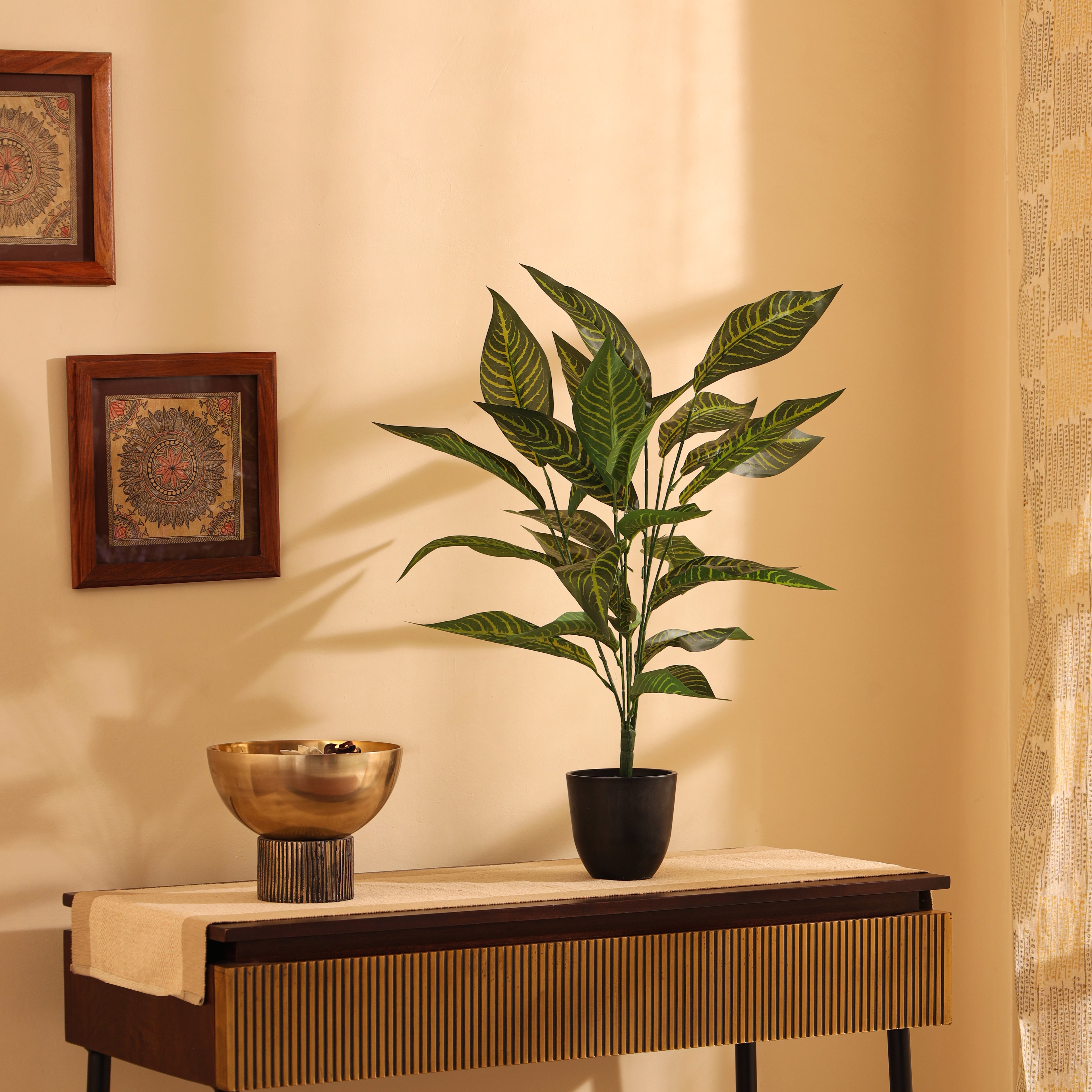 artificial premium potted green croton plant with pot 2 feet for home and office decor for indoor and outdoor use 