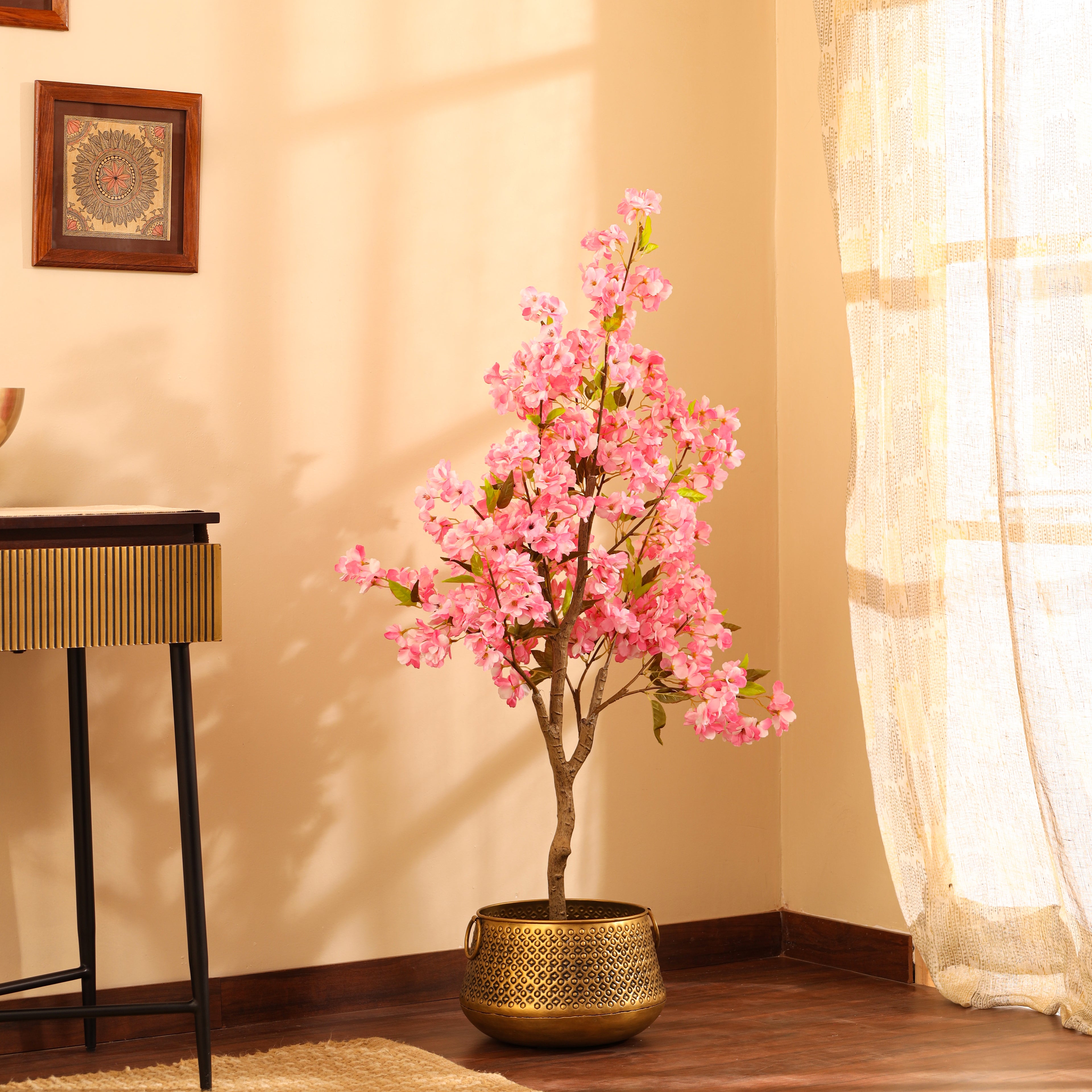artificial premium japanese pink cherry blossom flower plant with pot 4 feet for home and office decor for indoor and outdoor use 