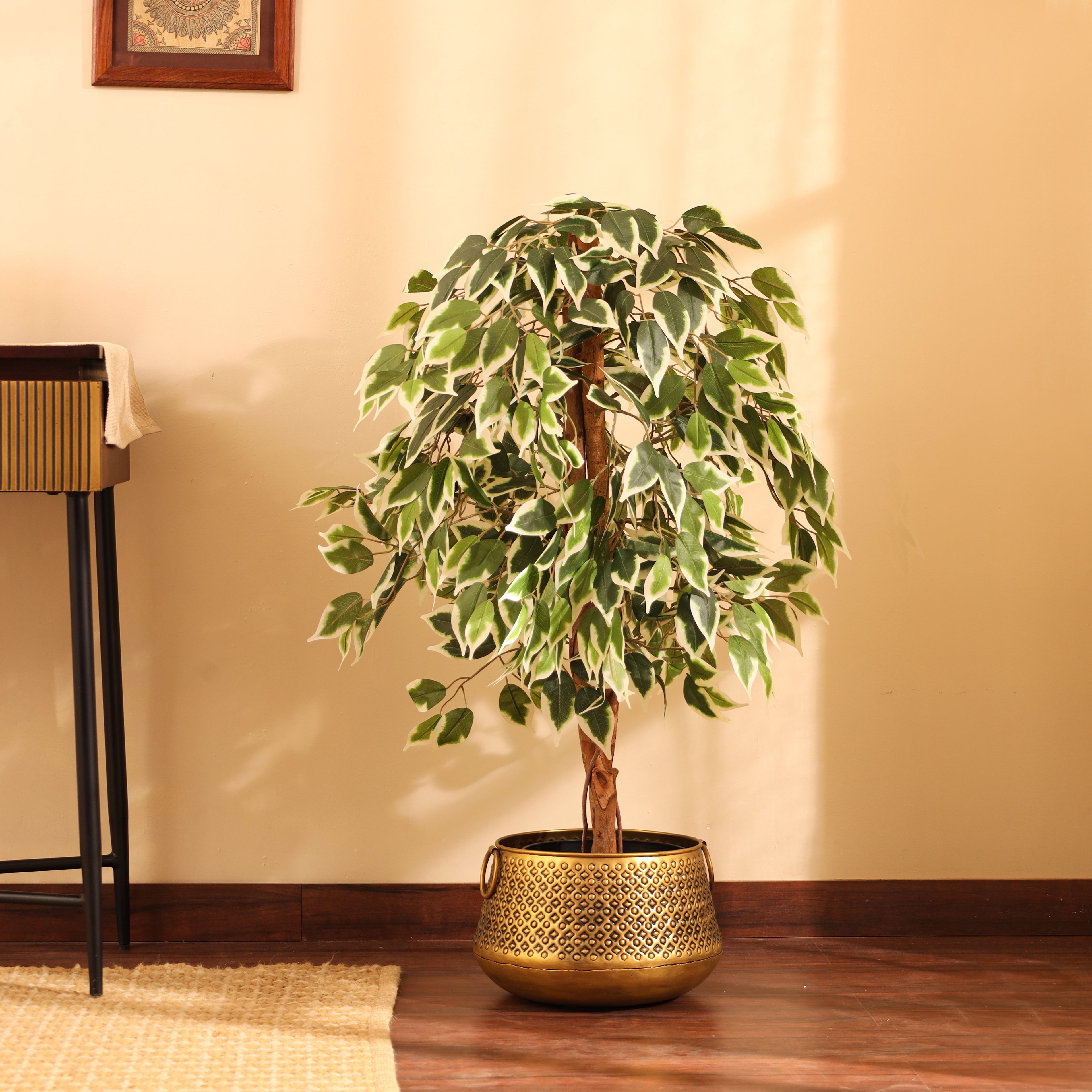 faux premium variegated ficus plant with pot 4 feet for home and office decor for indoor and outdoor use