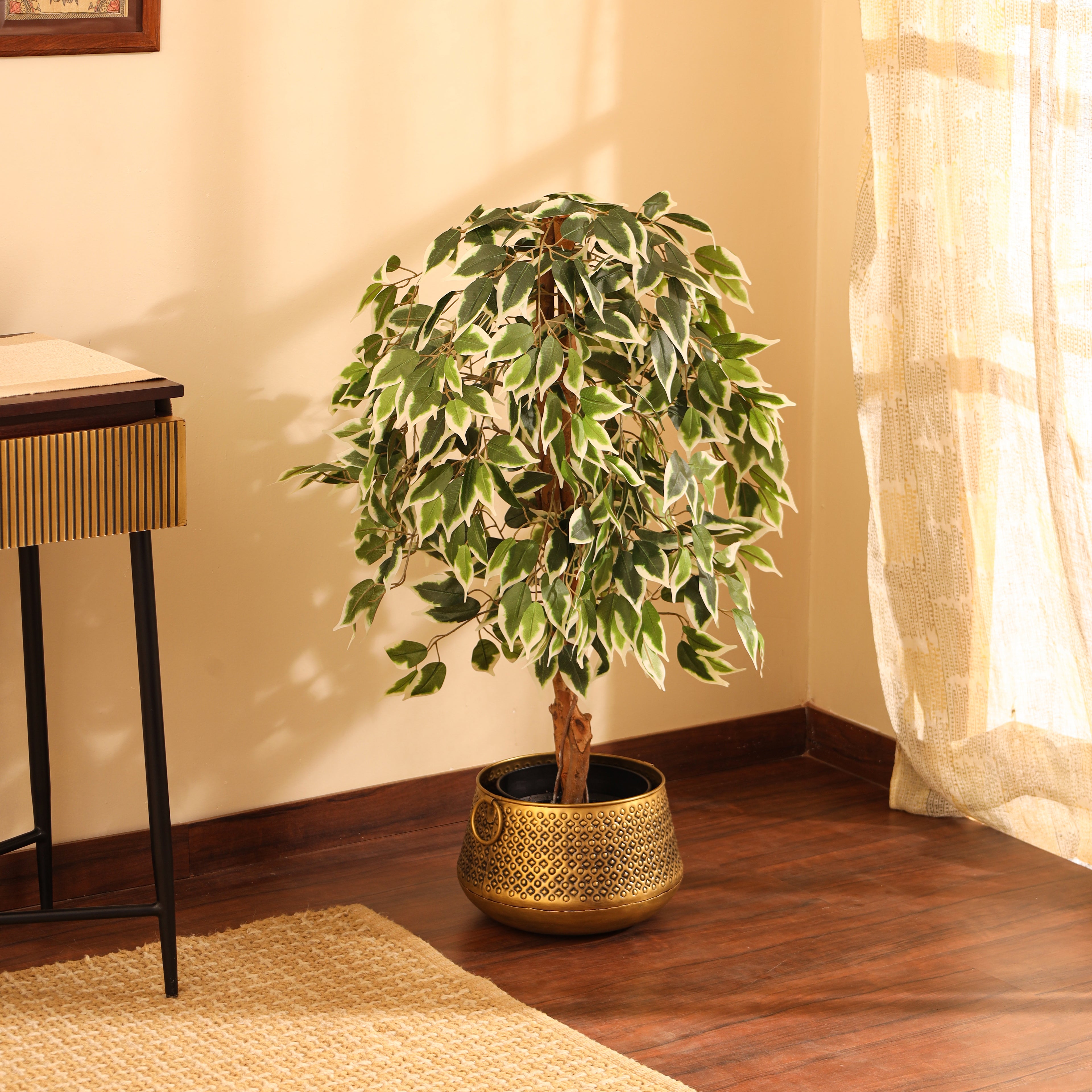 faux premium variegated ficus plant with pot 4 feet for home and office decor for indoor and outdoor use