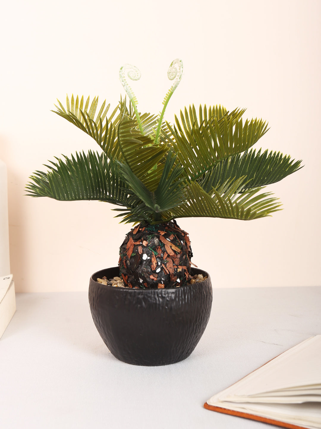 luxe artificial cycus palm bonsai plant green color with pot 28 cm for home and office decor for indoor and outdoor use 