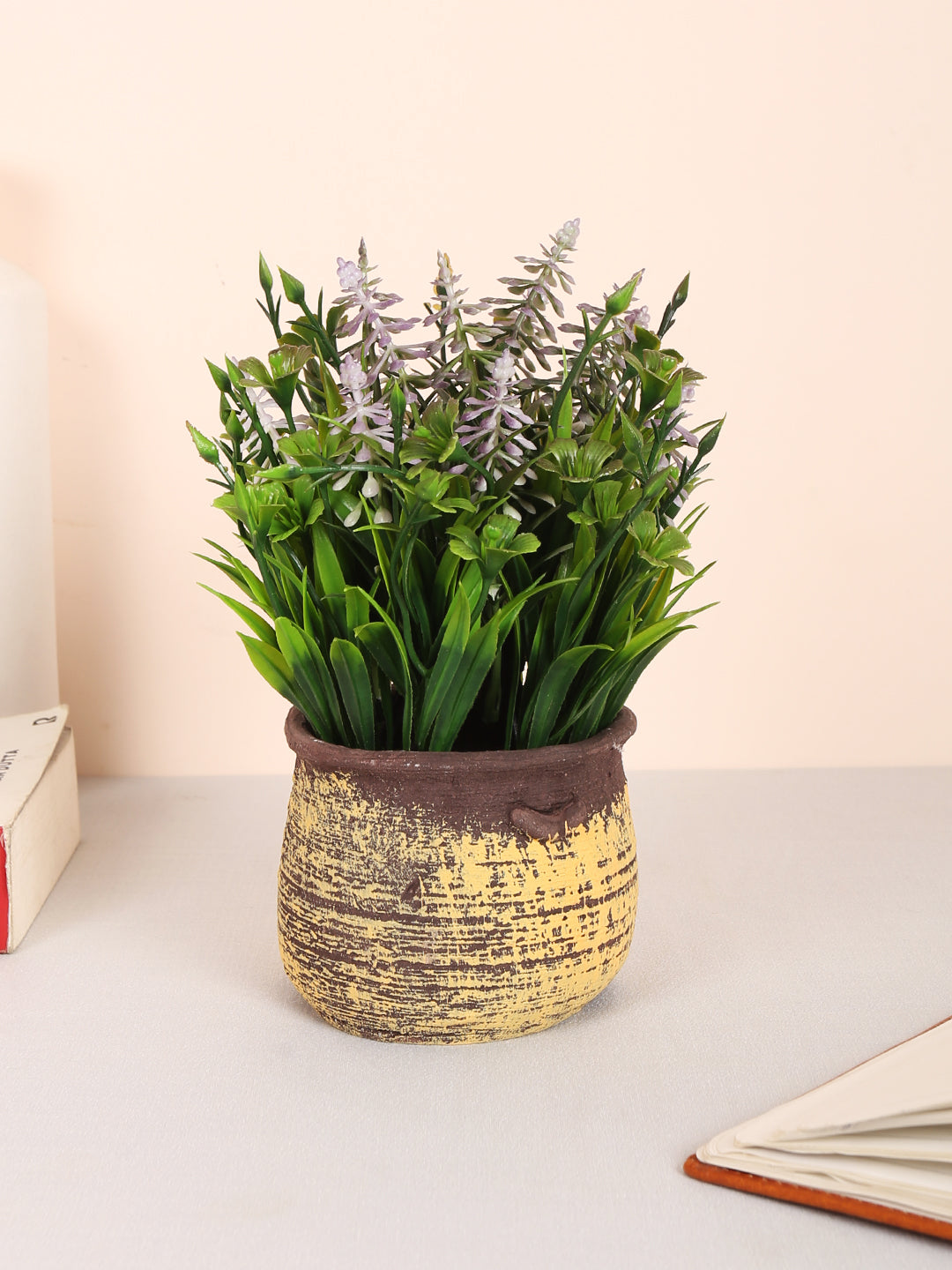 luxe artificial lavender flower bonsai  plant purple color with pot 22 cm for home and office decor for indoor and outdoor use 