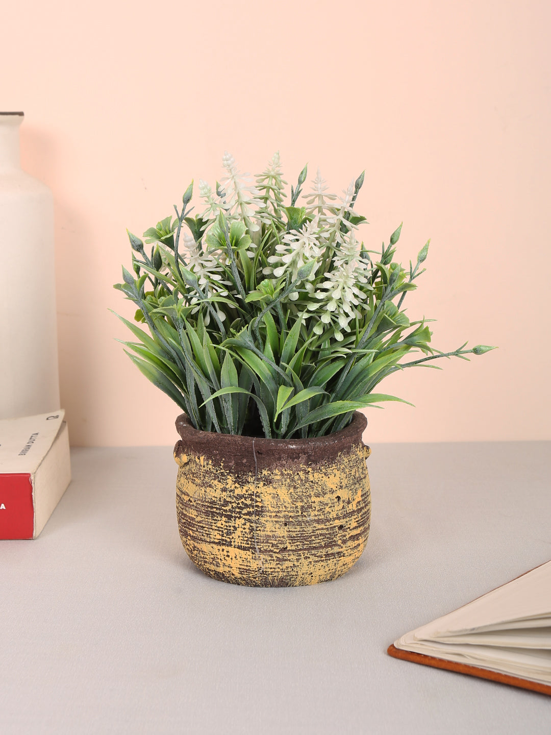 luxe artificial lavender flower bonsai  plant white color with pot 22 cm for home and office decor for indoor and outdoor use 