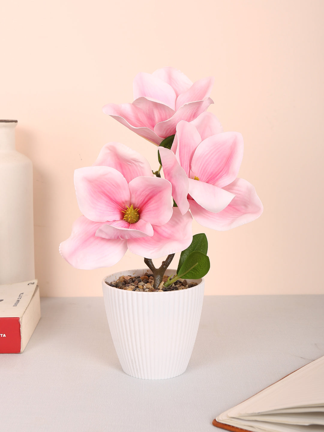 premium artificial magnolia flower bonsai plant with pot light pink pastel color 30 cm for home and office decor for indoor and outdoor use 