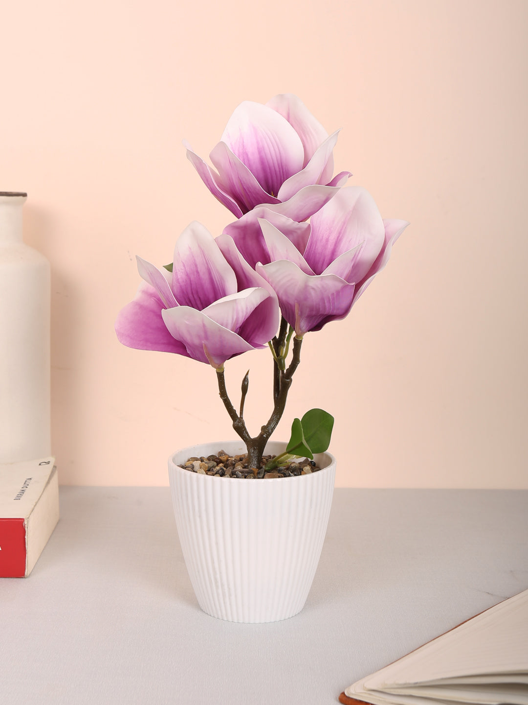 premium artificial magnolia flower bonsai plant with pot purple color 30 cm for home and office decor for indoor and outdoor use 
