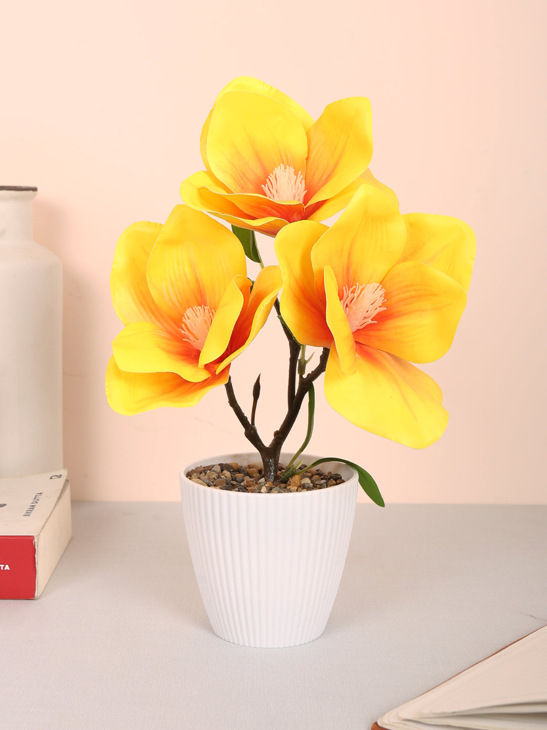 premium artificial magnolia flower bonsai plant with pot yellow color 30 cm for home and office decor for indoor and outdoor use 