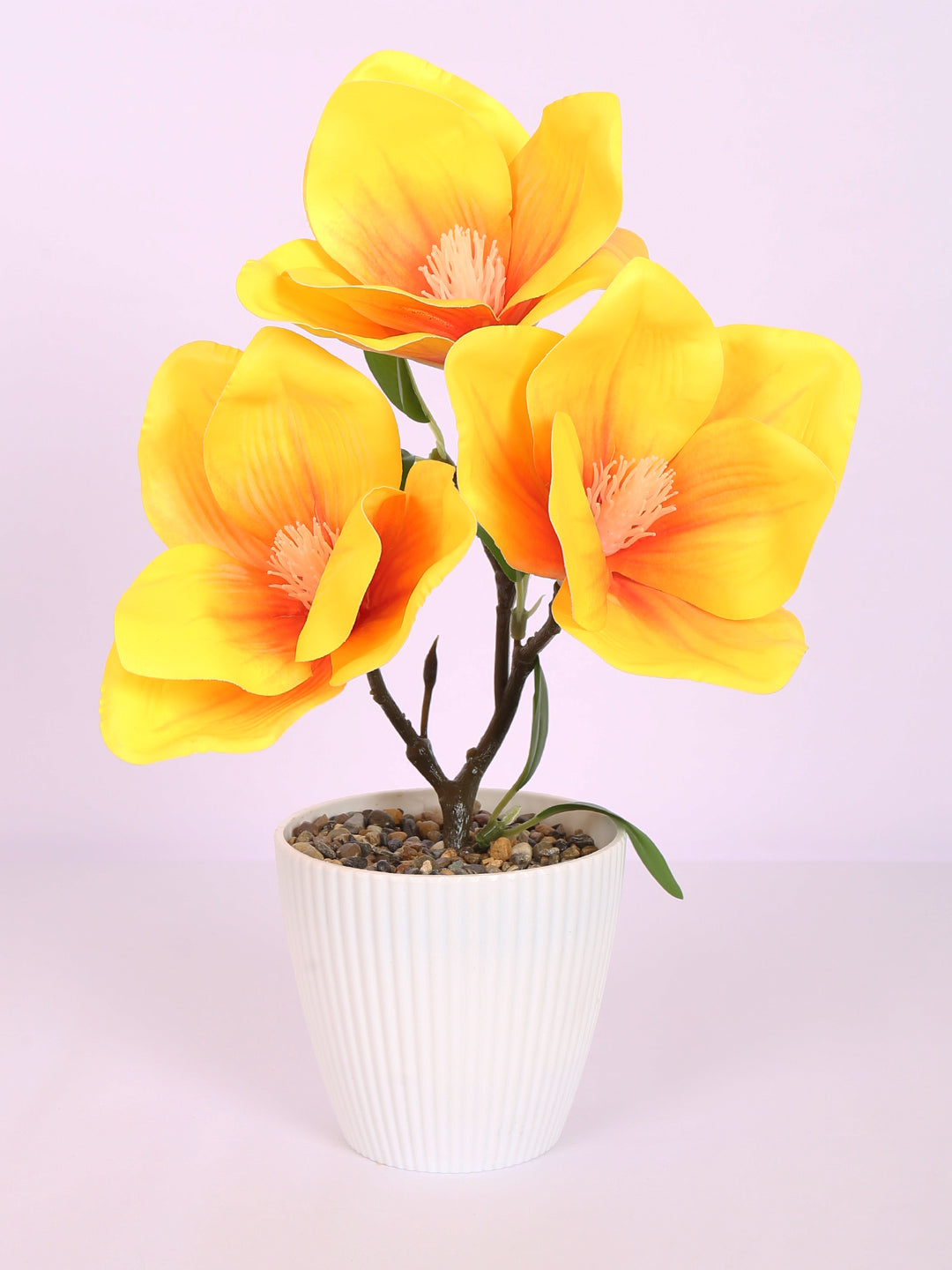 premium artificial magnolia flower bonsai plant with pot yellow color 30 cm for home and office decor for indoor and outdoor use 