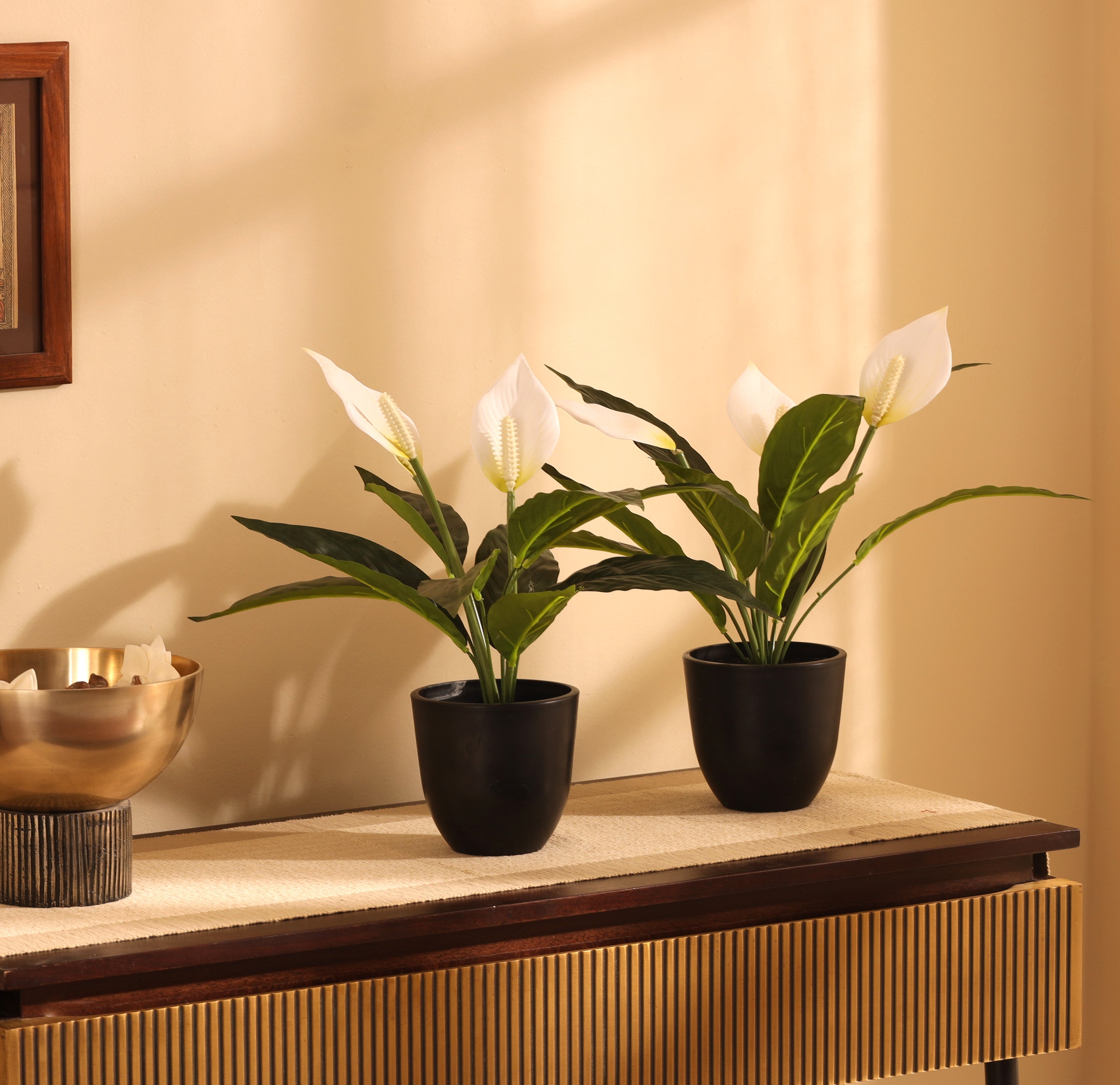 premium artificial peace lily flower bonsai plants set of 2 white color with pot 1 foot for home and office decor for indoor and outdoor use 