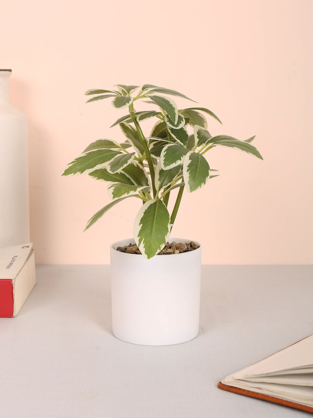 premium artificial schefflera potted bonsai plant with pot white color 22 cm for home and office decor for indoor and outdoor use 