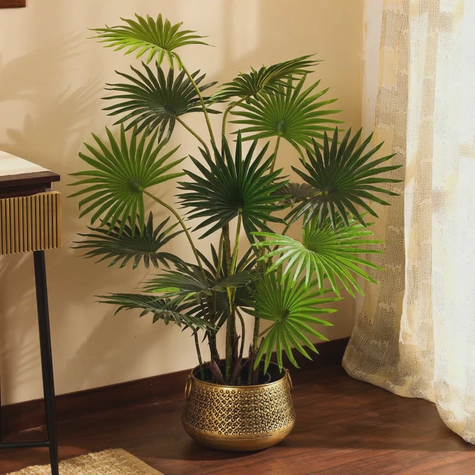 artificial luxe fan palm plant with black pot 4 feet for home and office decor for indoor and outdoor use