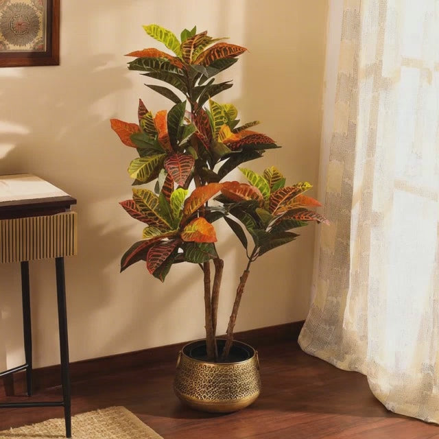 artificial luxe croton plant with black pot 4 feet for home and office decor for indoor and outdoor use